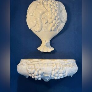 Vintage Arnel’s 2 Piece Wall Fountain White With Hand Painted Soft Green Accents